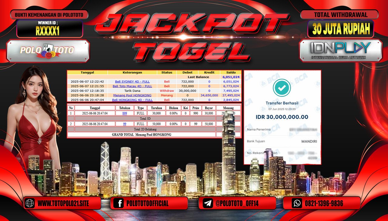 POLOTOTO JACKPOT TOGEL HONGKONG LOTTO Rp.30.000.000,- LUNAS