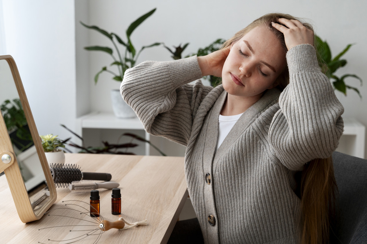 woman giving herself scalp massage