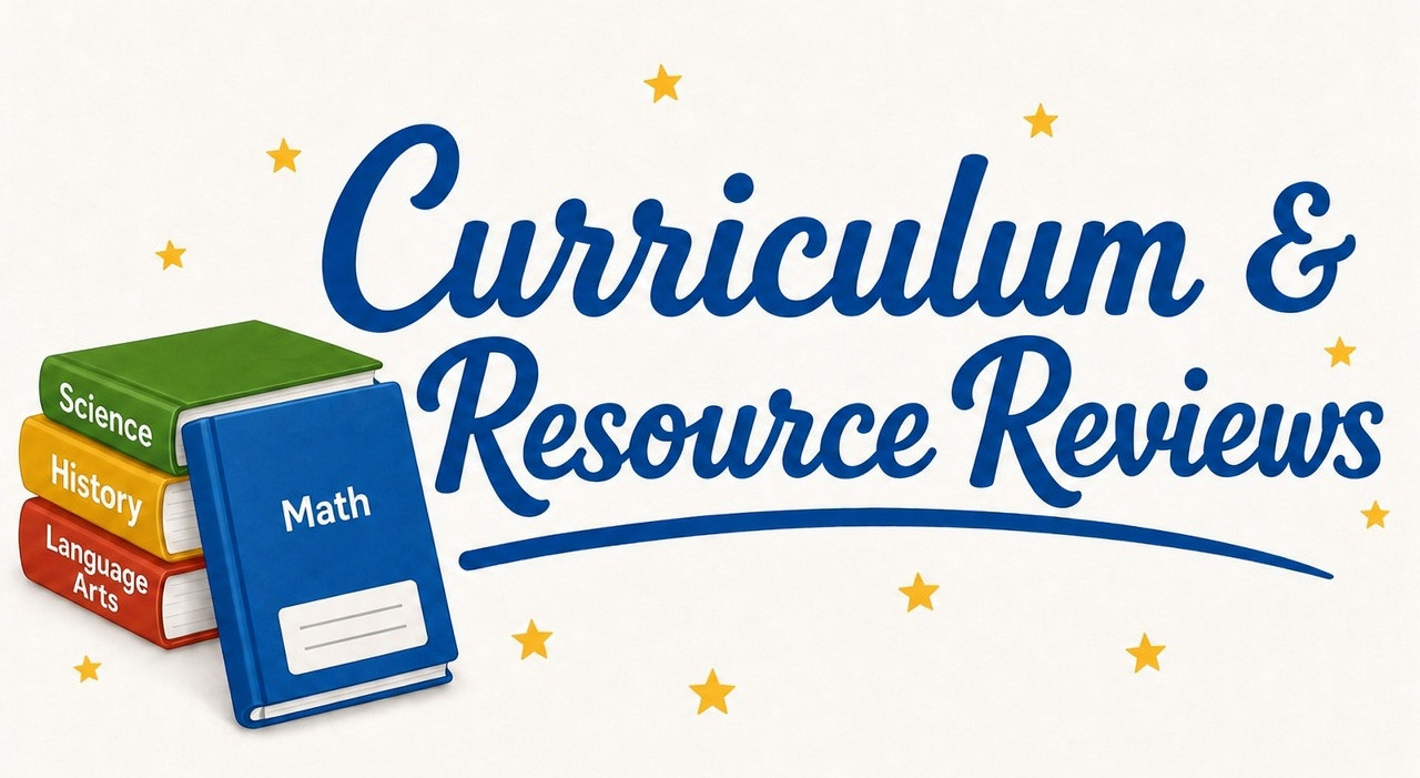 Curriculum and Resource Reviews — a stack of Science, History, Language Arts, and Math books surrounded by gold stars