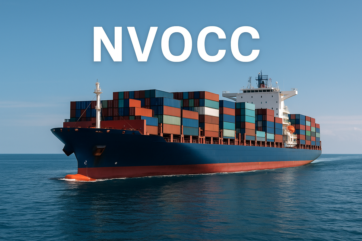 Barco portacontenedores con la palabra NVOCC, símbolo del transporte marítimo internacional.
