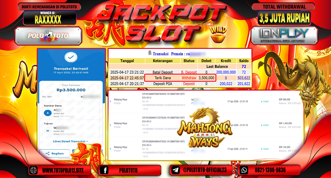 POLOTOTO JACKPOT SLOT MAHJONG WAYS Rp.3.500.000,-