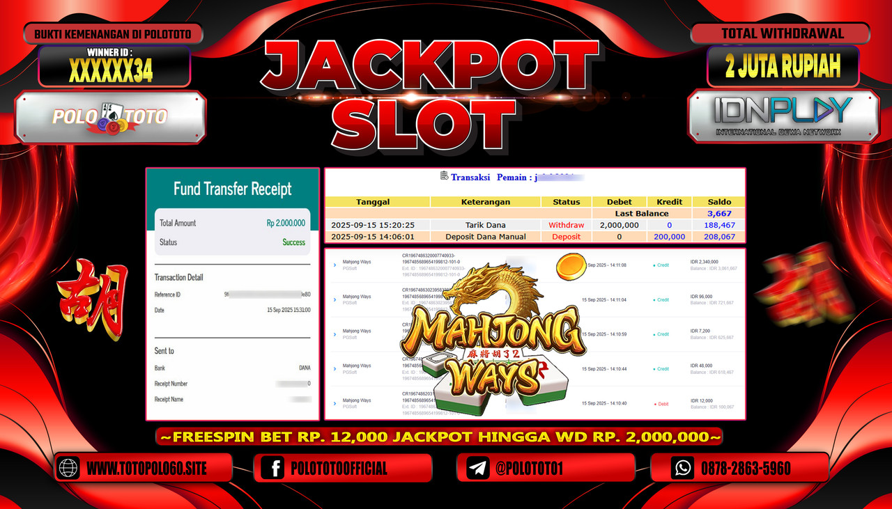 POLOTOTO JACKPOT SLOT MAHJONG WAYS Rp.2.000.000,-LUNAS