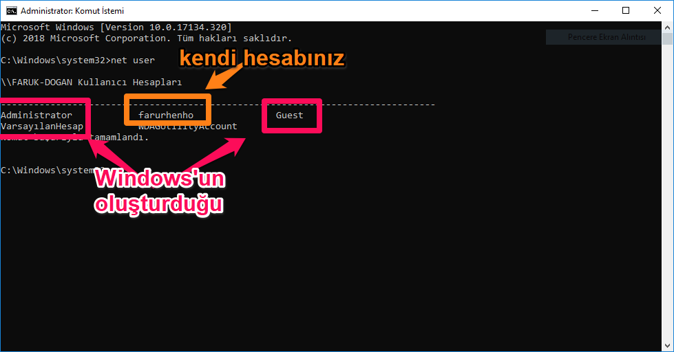 cmd kullanıcı hesapları