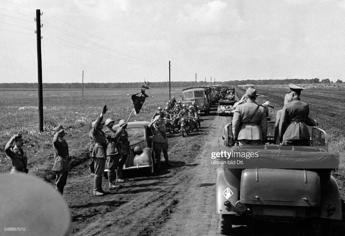 Adolf Hitler and Benito Mussolini in a jeep in the region of Uman (south of Kiev) in the Ukraine vis