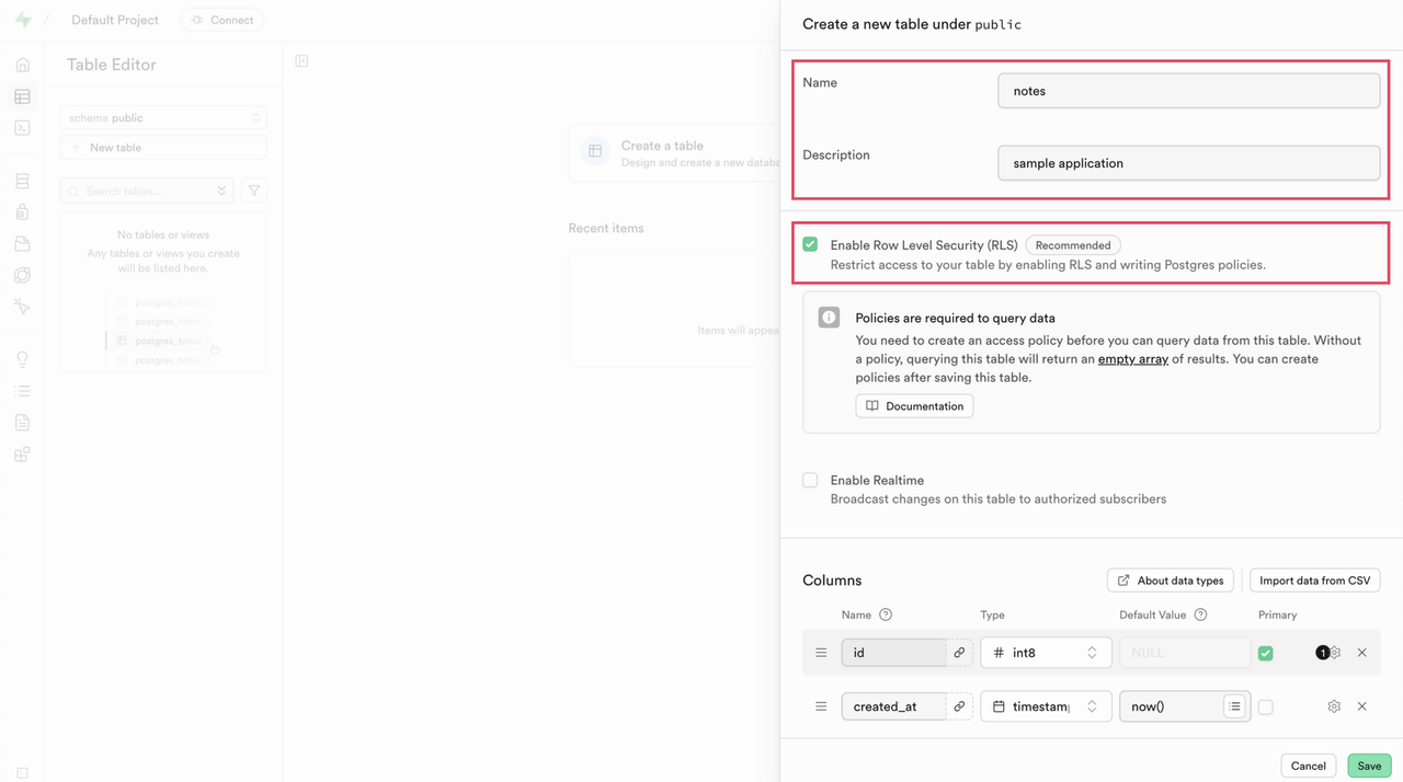 Provide Name, Description, and Enable RLS