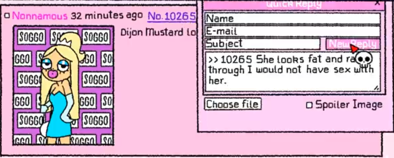 post on pink 4chan from nonnamus 32 minoutes ago a picture of a blonde woman on a pink carpet instead of a red carpet with some caption about dijon mustard with is cutoff by a reply box that says she looks fat andran through i would not have sex with her the n in ran is covered by a skull cursor