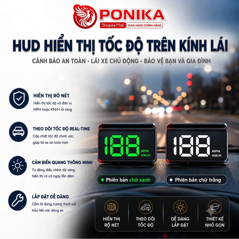 HUD W2 hiển thị tốc độ kính lái PONIKA