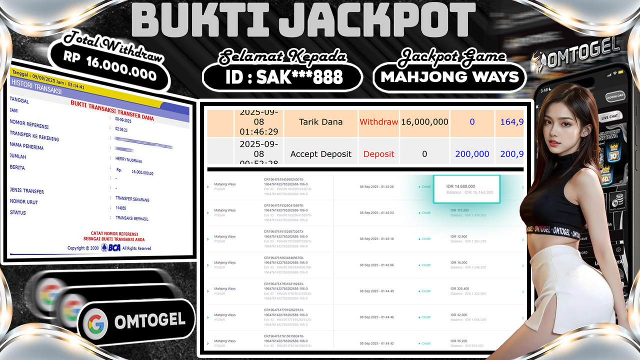 OMTOGEL JACKPOT PGSOFT MAHJONG WAYS 16 JUTA DI BAYAR LUNAS ,-
