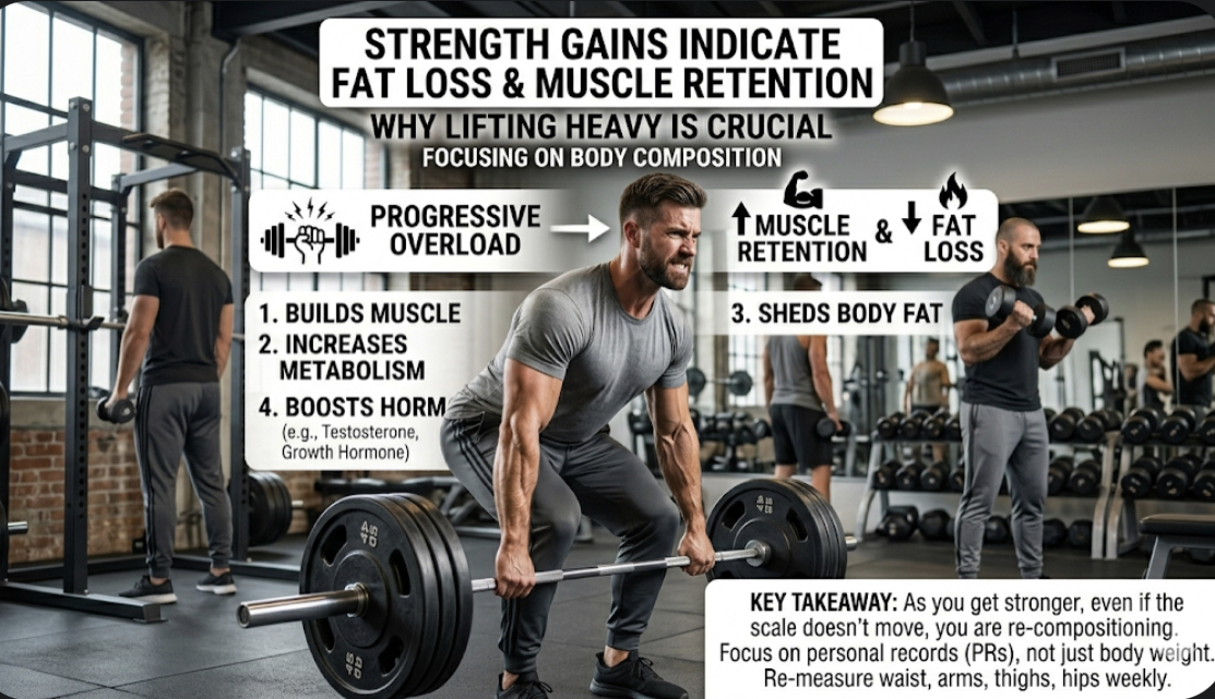 Person lifting barbell in gym with good form, demonstrating how strength gains indicate fat loss and muscle retention