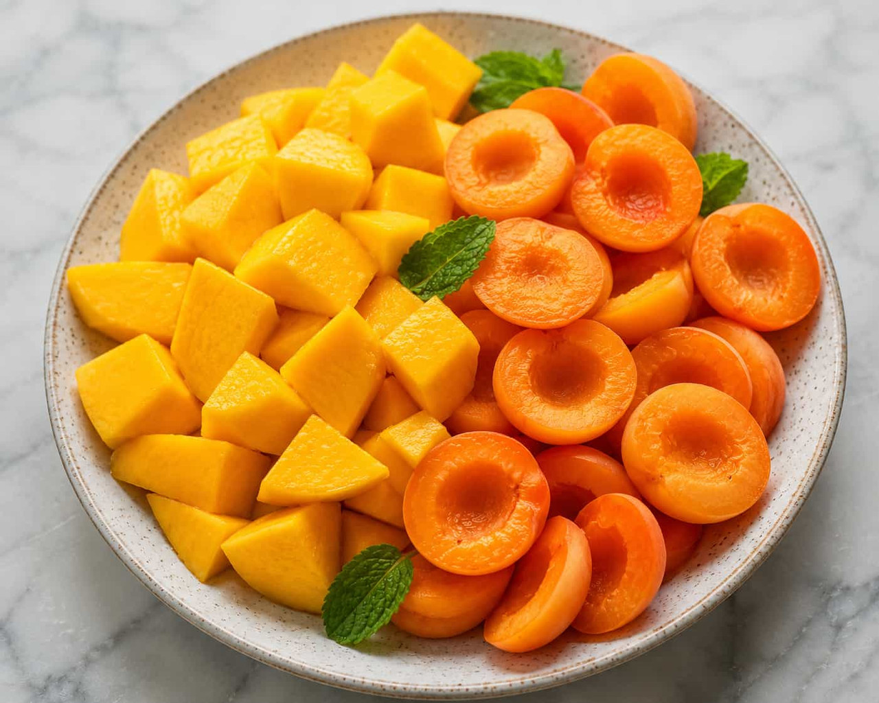 A plate with chopped mangoes on one half and apricots on the other half