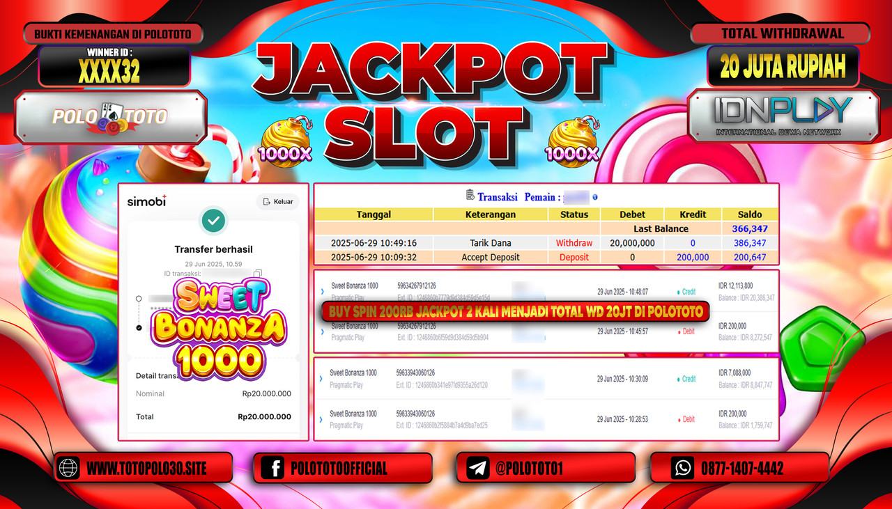 POLOTOTO JACKPOT SLOT SWEET BONANZA 1000 Rp.20.000.000,- LUNAS