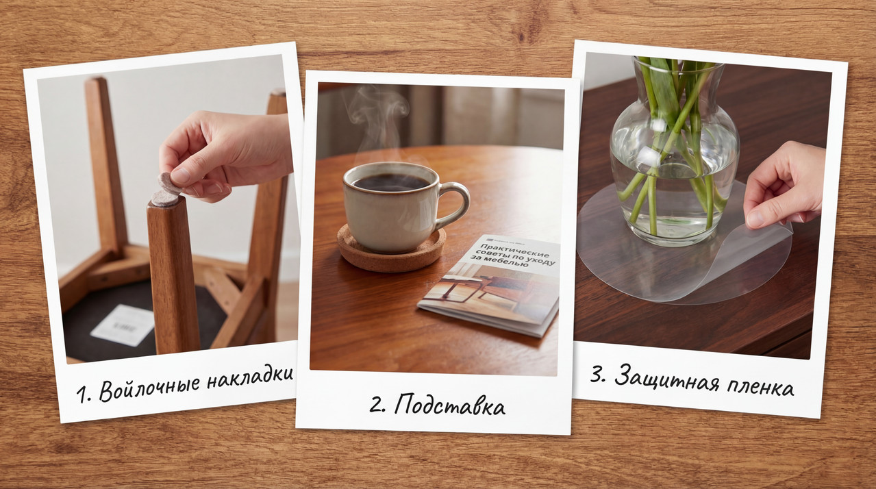 Детали защиты мебели: фетровые накладки, подставки под горячее и защитные пленки