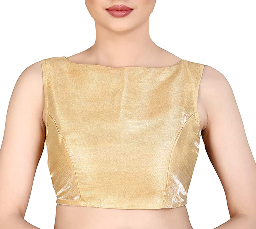Women Dupion Silk Blouse Boat Neck Sleeveless Handmade Designer Choli Crop Top