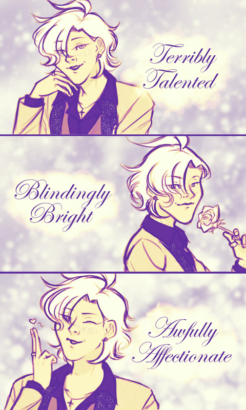 Page 1 of of a gag comic (Hypnosis Mic/HifuGen). Panel 1: A shot of Hifumi posing stylishly. The text overlaid says 'Terribly Talented.' Panel 2: Another shot of Hifumi posing, this time holding a rose. The text overlaid says 'Blindingly Bright' Panel 3: Yet another shot of Hifumi posing. He's blowing a kiss. The text overlaid says 'Awfully Affectionate'