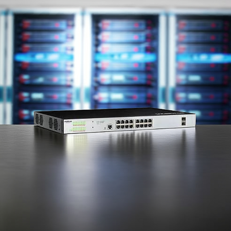 Visão lateral do Switch Intelbras SG 1602 PoE Max.