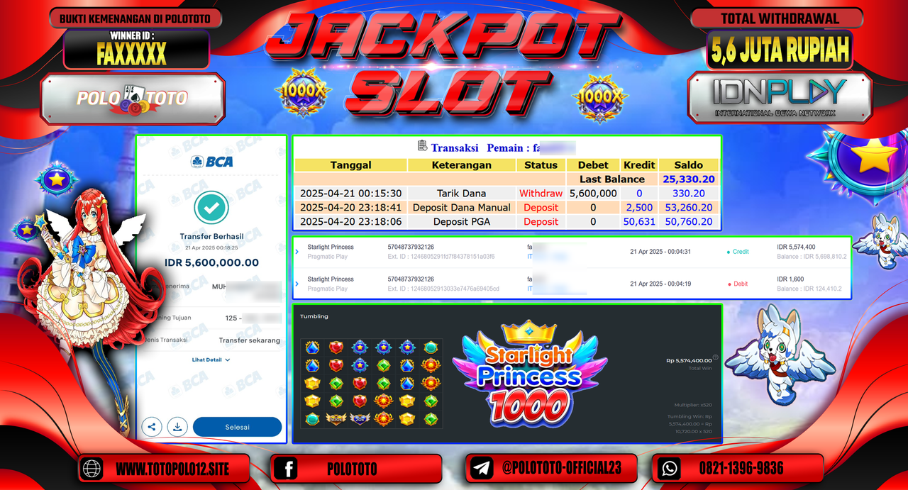 POLOTOTO JACKPOT SLOT STARLIGHT PRINCESS 1000 Rp.5.600.000,-