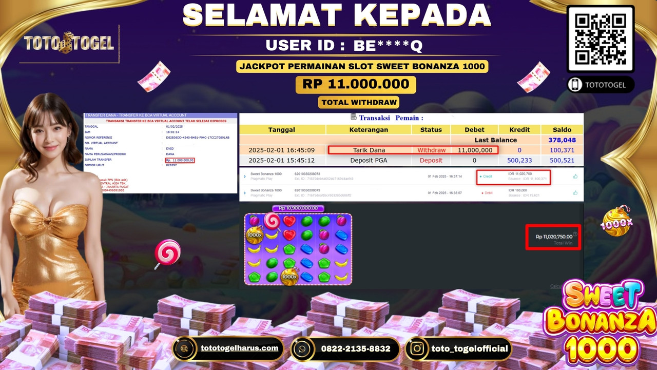 Bukti Pembayaran Jackpot  Permainan Slot Sweet Bonanza 1000  ID:BE****Q LUNAS