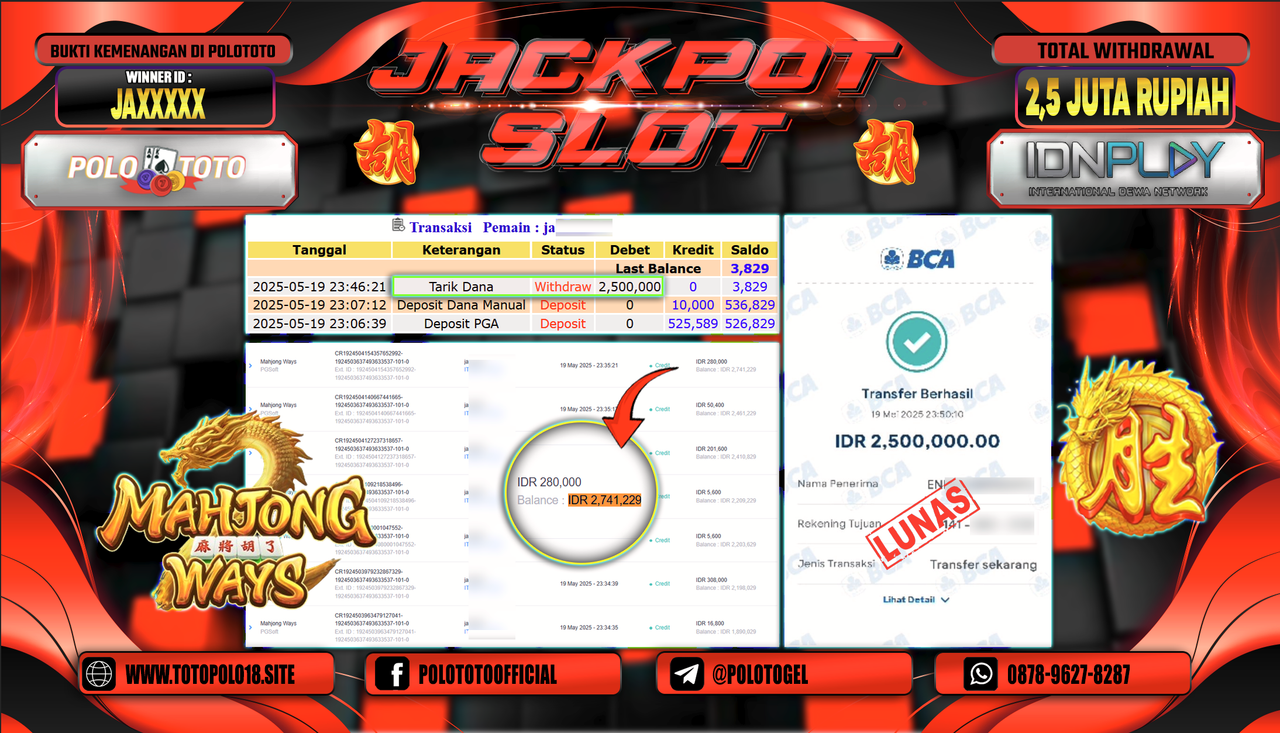POLOTOTO JACKPOT SLOT MAHJONG WAYS Rp.2.500.000,-