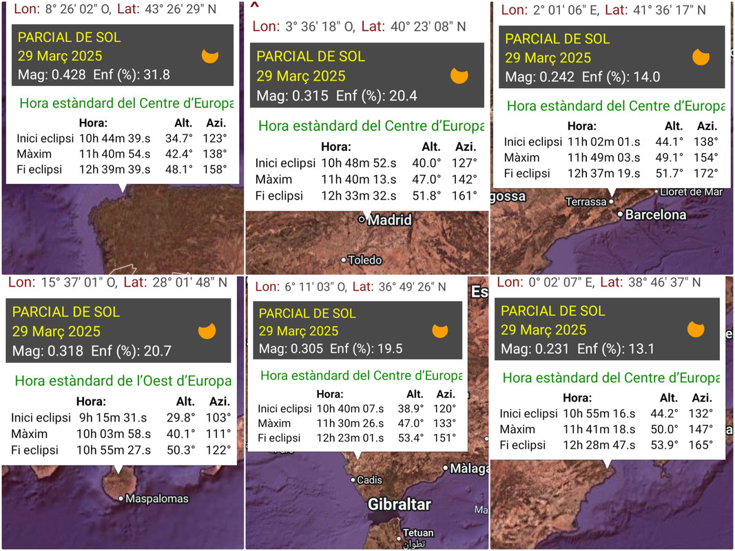 tiempos oficiales principio m�ximo y final de eclipse en 6 zonas estrat�gicamente escogidas