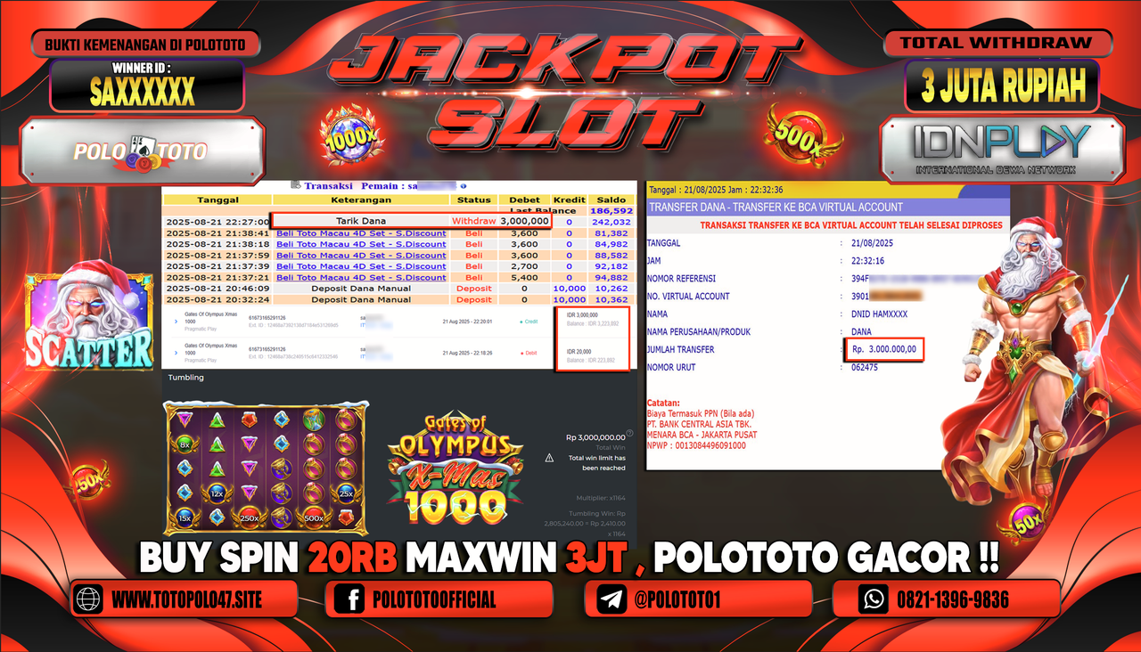 POLOTOTO JACKPOT SLOT GATES OF OLYMPUS XMAS 1000 Rp.3.000.000,-