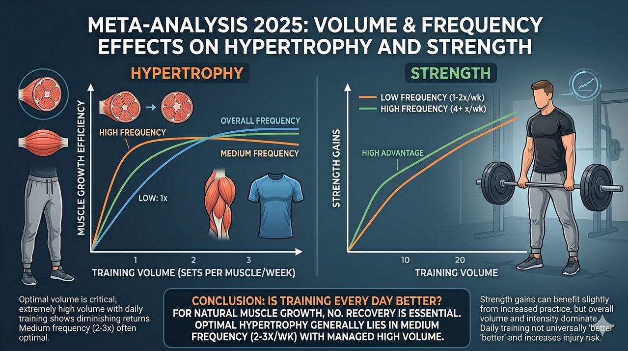 Chart from 2025 meta-analysis showing volume and frequency effects on hypertrophy and strength for is training every day better for natural muscle growth