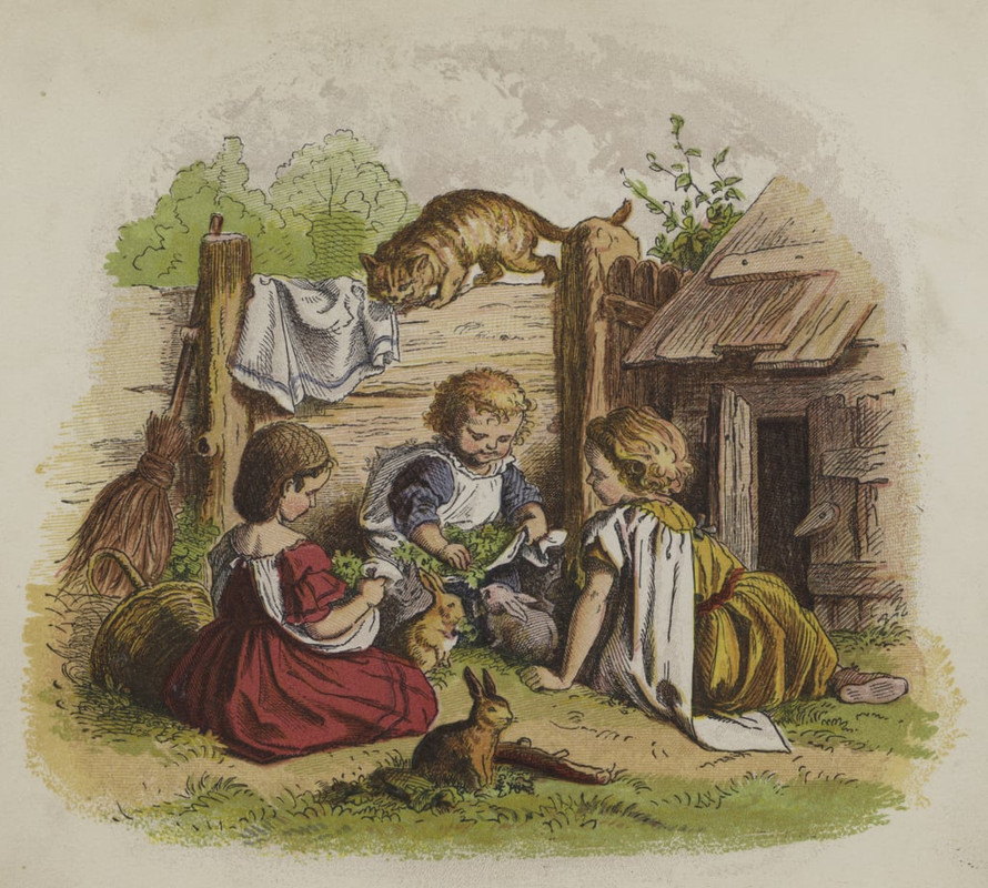 Oskar-Pletsch-Three-girls-playing-with-their-pet-rabbits-watched-by-a-cat-colour-litho-Meiste