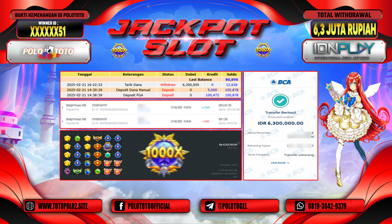 POLOTOTO JACKPOT SLOT STARLIGHT PRINCESS 1000 Rp.6.300.000,-