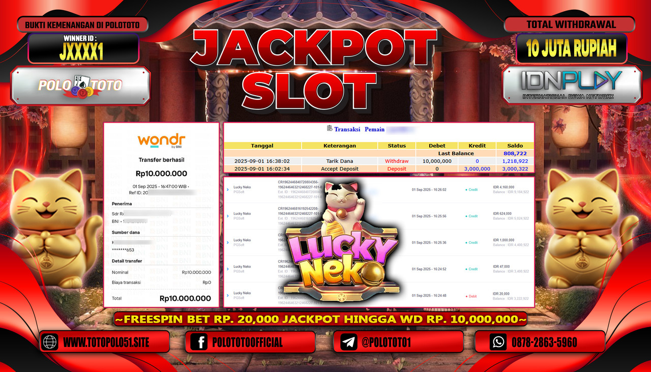 POLOTOTO JACKPOT SLOT LUCKY NEKO Rp.10.000.000,- LUNAS