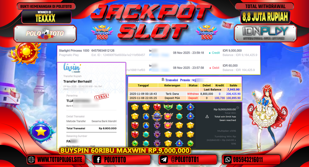 POLOTOTO JACKPOT SLOT STALIGHT PRINCESS 1000 Rp.8.800.000,- LUNAS