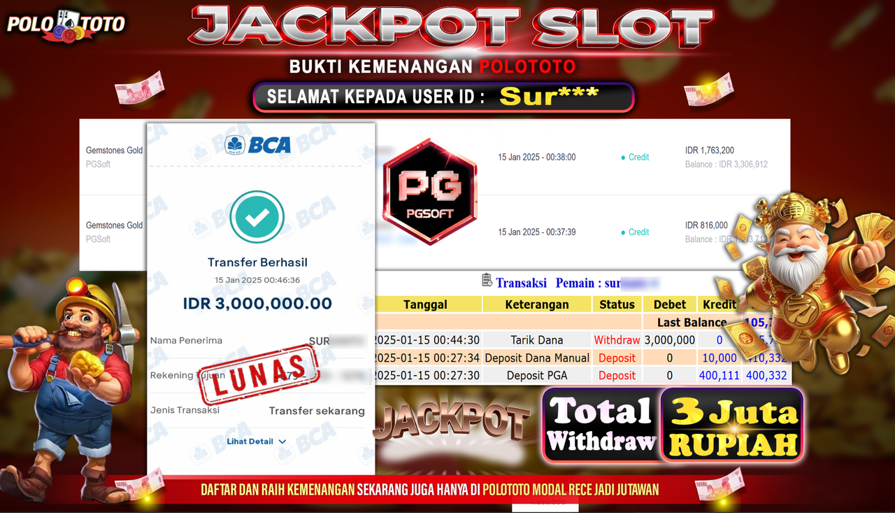 POLOTOTO JACKPOT SLOT GEMSTONES GOLD Rp.3,000.000,-