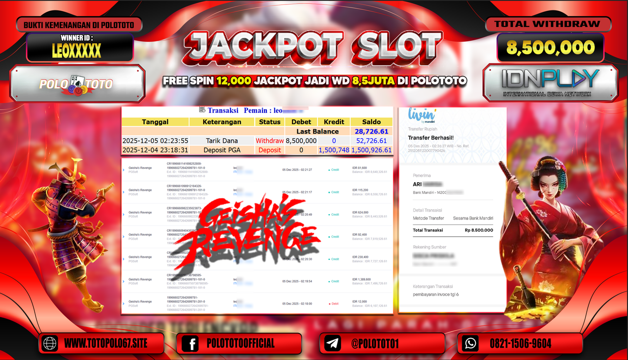 POLOTOTO JACKPOT SLOT GEISHAS REVENGE Rp.8.500.000,- LUNAS