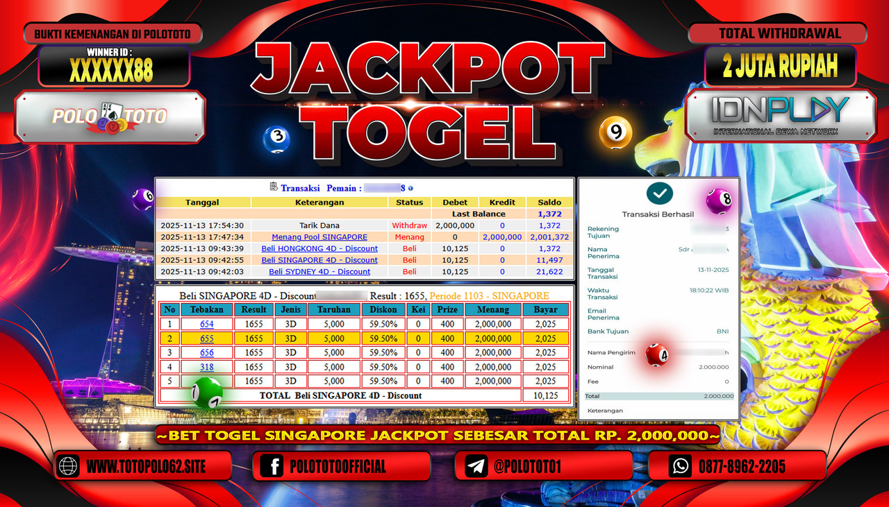 POLOTOTO JACKPOT TOGEL POOL SINGAPORE Rp.2.000.000,- LUNAS