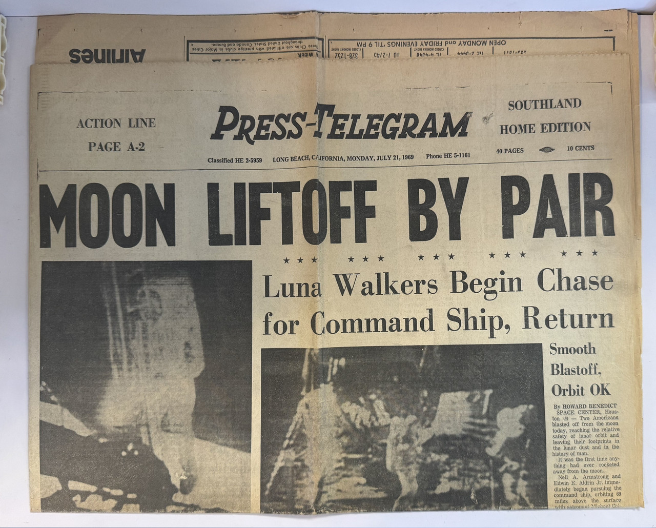 Press-Telegram Monday, July, 21,1969. Moon Liftoff by Pair