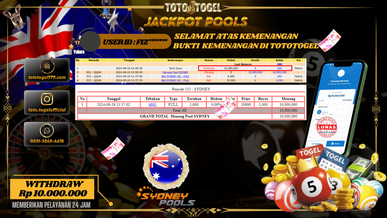 Bukti Kemenangan Permainan Togel Sydney Pools Dengan ID : FIZ*****  Terbayar Lunas!!