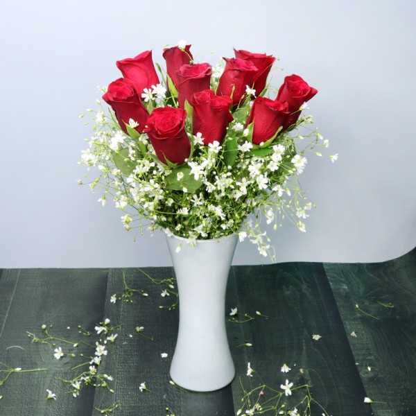 White Vase Red Roses Image