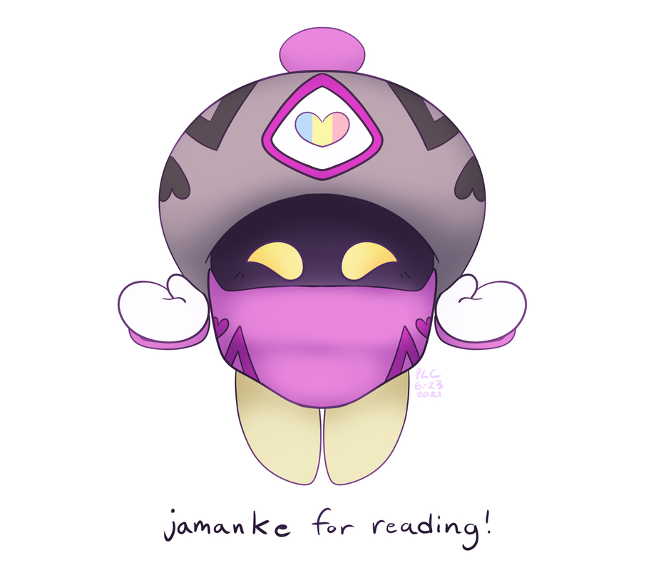 A jammerjab with a three-colored heart patch on their hat smiling towards the viewer. Underneath is text that reads "jamanke for reading!"