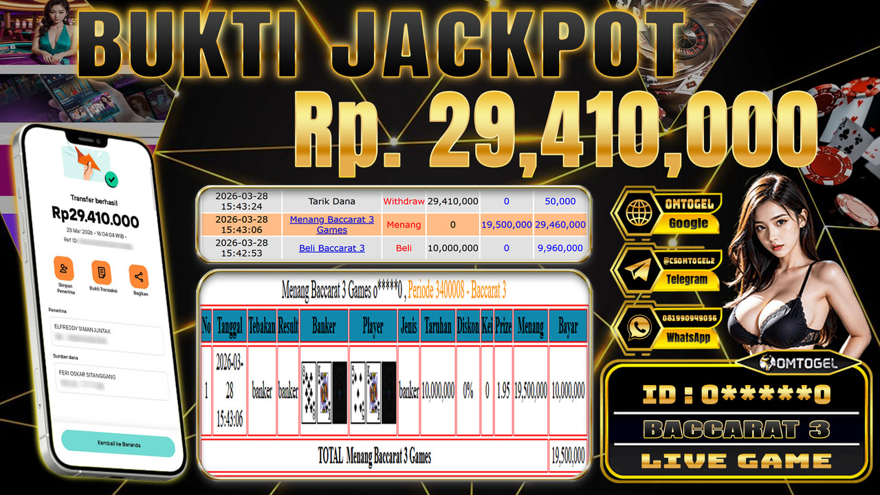 OMTOGEL JACKPOT LIVE GAMES BACCARAT 3, 29 JUTA DI BAYAR LUNAS ,-