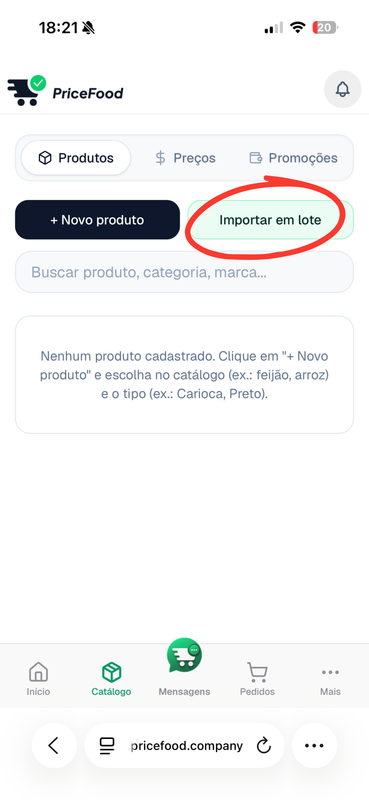 Acessar importação de produtos em lote