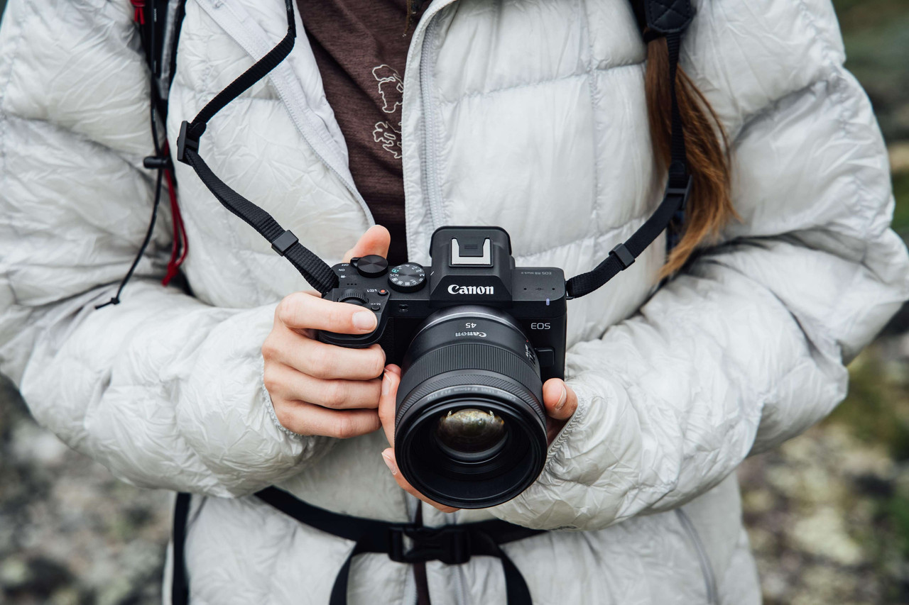 Canon EOS R8 Mark II held while hiking outdoors