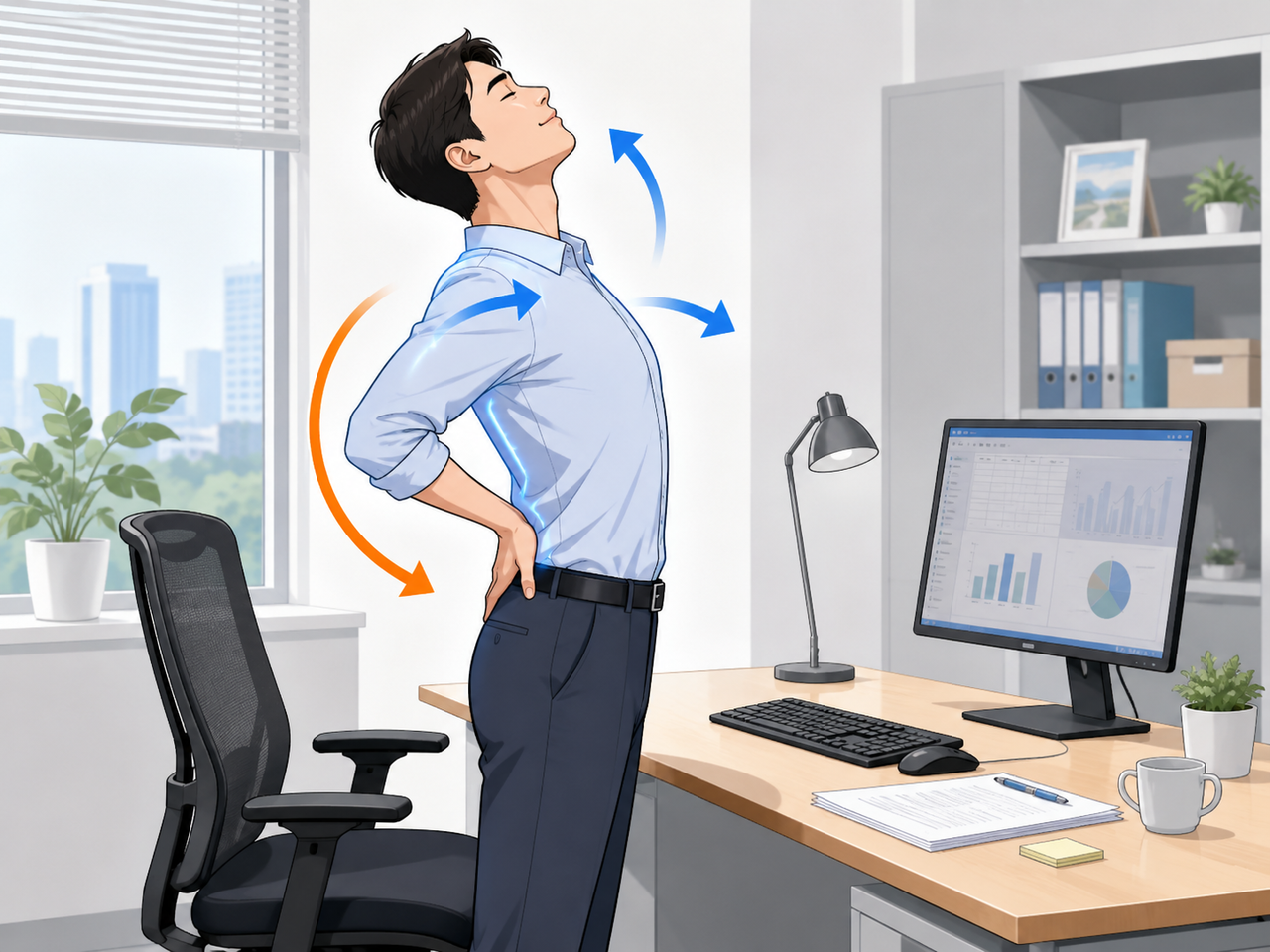 사무실 책상 앞에서 허리를 펴며 스트레칭하는 직장인 일러스트
