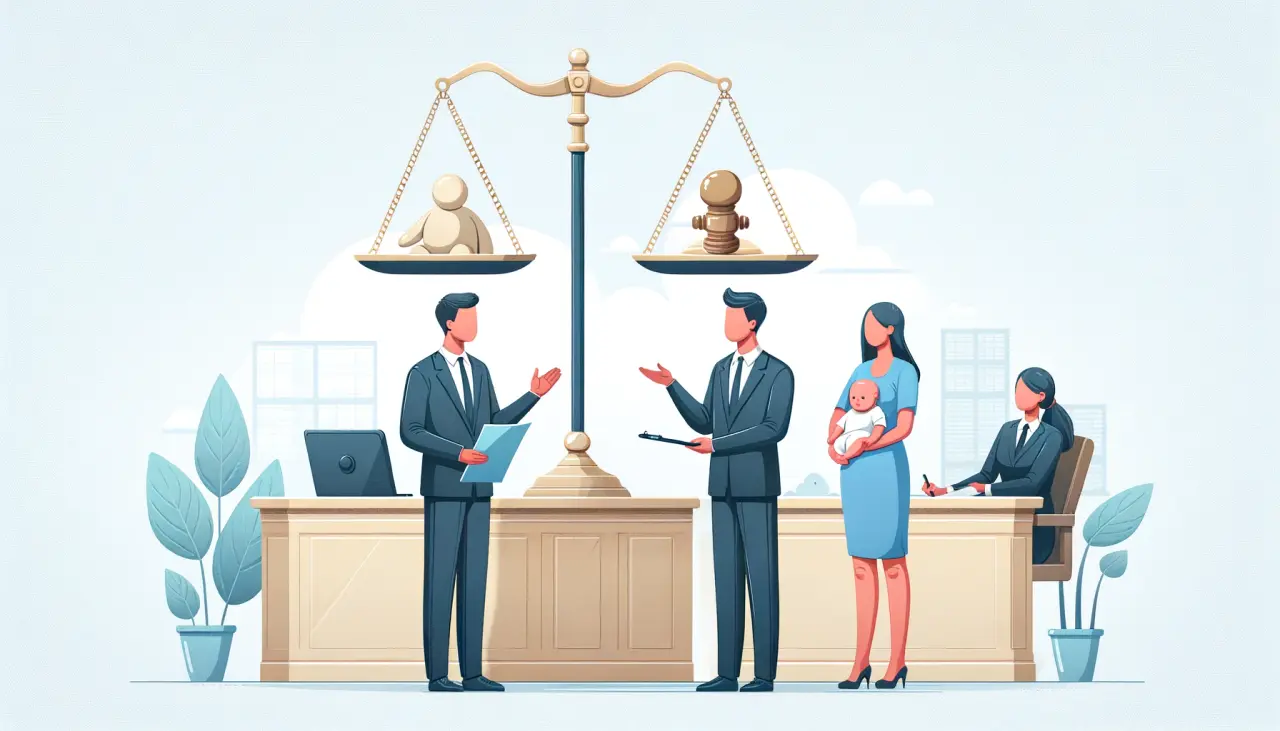Courtroom scene representing parental rights disputes in Mexican surrogacy, showing surrogate mother and intended parents.