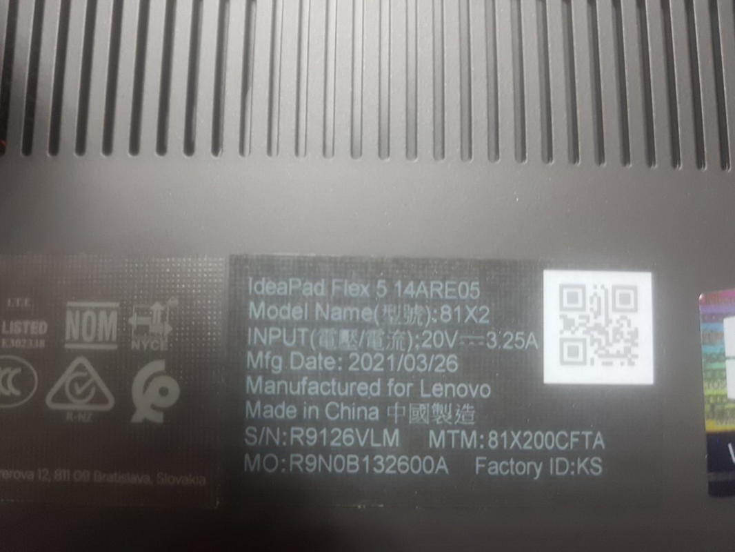 Back Side Lenovo Flex5-14ARE05 Serial# R9126VLM
