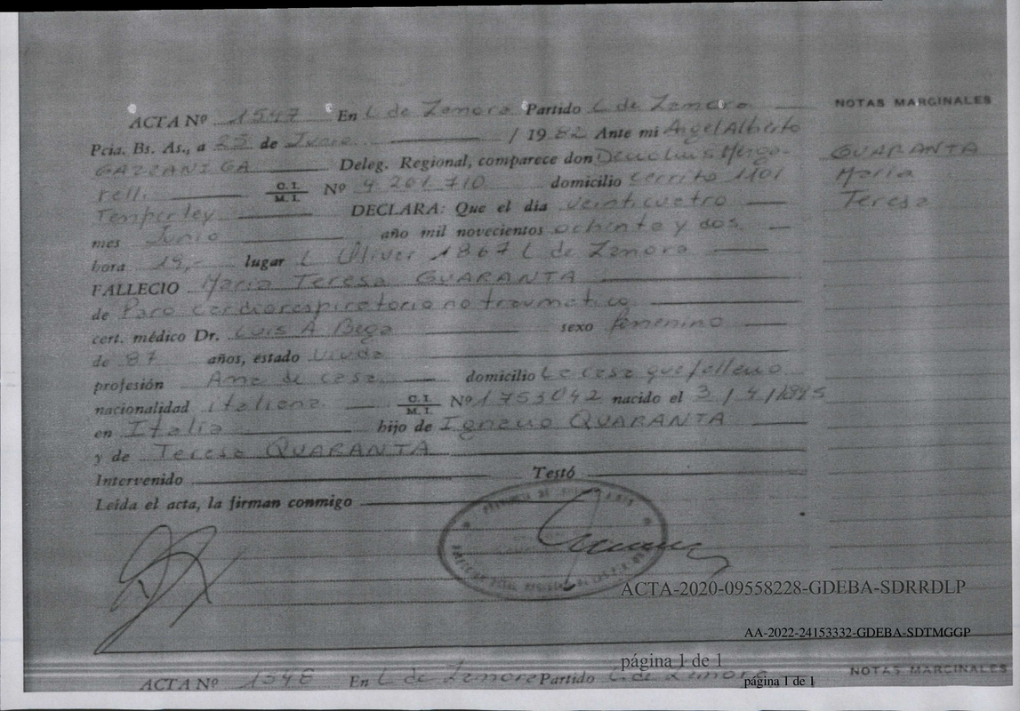 Partida defunción Maria Teresa Quaranta