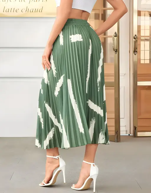 Skirt For Women | Brush Print Pleated Skirts, Vintage Elastic Waist Midi Skirts, Women's Clothing(Premium Quality) Color3 (R230)