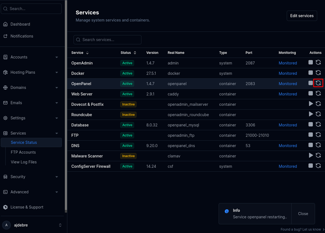Restart OpenPanel