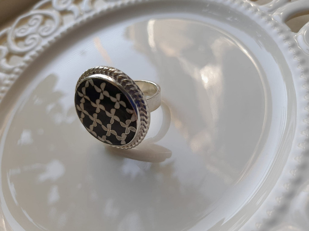 Minankari Ring Black & White Mosaic, Handmade Sterling Silver, Jewelry from Tbilisi - handmade cloisonne enamel