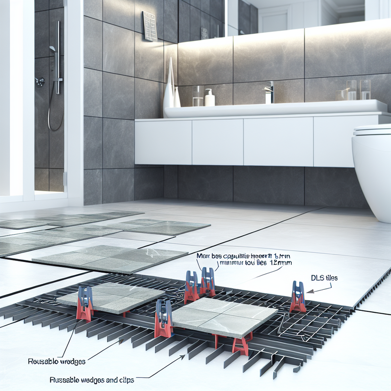 Монтаж плитки с помощью системы DLS, современный интерьер ванной комнаты, идеально ровные и чистые швы, мастер устанавливает клинья у стыков плиток
