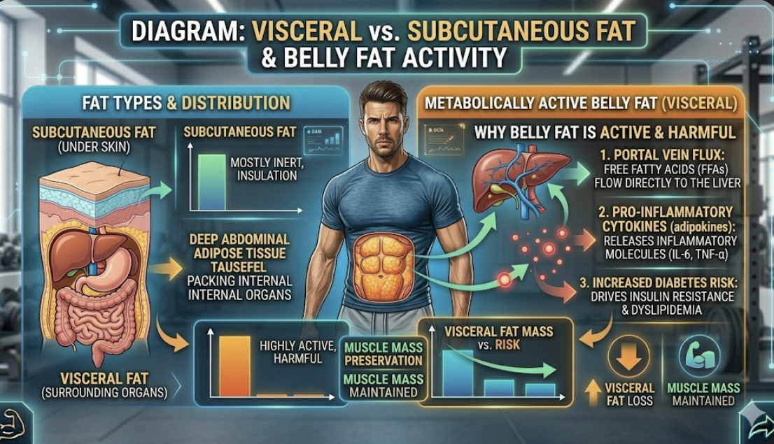 Diagram showing visceral fat surrounding organs vs subcutaneous fat under skin, explaining why belly fat is metabolically active