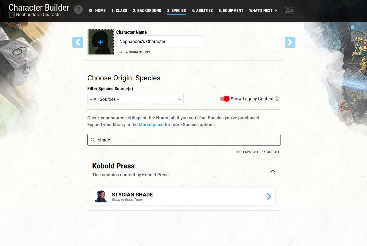 Character Species Shade not an option