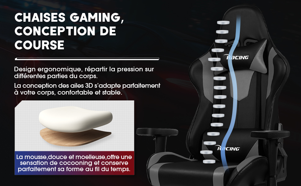 Fauteuil Gaming Ergonomique Pivotant Dossier Haut Gris - Assemblage Requis, Neuf